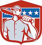 Illustration of a american baseball player batter hitter holding bat on shoulder set inside shield crest with stars and stripes in the background done in retro style.