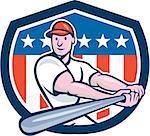 Illustration of an american baseball player batter hitter batting with bat set inside shield crest with stars and stripes flag in the background done in cartoon style.