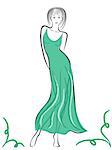 Graceful lady in semi-transparent turquoise gown, hand drawing vector illustration
