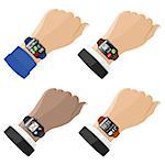 Set Smart Watches on Hands with various applications. Vector isolated on white background.