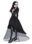 Digitally rendered image of a gothic girl in black dress on white background.