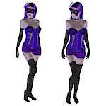 Digital render of a beautiful gothic woman in violet dress and mask on white background.