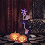 Gothic girl with violet hair and two pumpkins in the room.