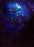 Cartoon 3d bats flying in the night with a moon in the background.