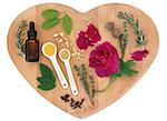 Love potion ingredients on a heart shaped wooden board over white background.