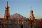 Arequipa Cathedral at dusk with the Volcano Misti (5822m) in the background. Arequipa, Peru.