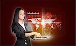 Beautiful businesswomen in suit using digital tablet. World map with transparent hexagons, graphs and network