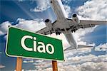 Ciao Green Road Sign and Airplane Above with Dramatic Blue Sky and Clouds.