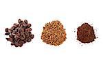 Soluble coffee, coffee beans and ground coffee isolated on white background, top view. Three piles of coffee. Coffee variation