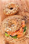 Delicious bagel with smoked salmon. Traditional amercan healthy eating.