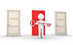 3d person holding key is in front of doors and one is of different color