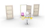 3d person holding a key is in front of doors and one leads to earnings