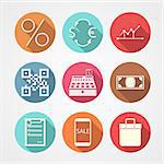 Set of colored flat circle vector icons for e-commerce on gray background.