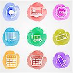 Set of colored watercolor stains vector icons with white contour elements for trade online on gray background.