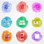 Set of vector colored watercolor stains icons with white contour elements for web finance market on gray background.