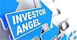 Investor Angel on Direction Sign - Blue Arrow on a Grey Background.