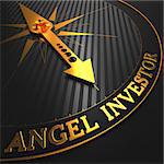 Angel Investor - Business Concept. Golden Compass Needle on a Black Field.