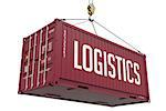 Logistics - burgundy Cargo Container hoisted with hook Isolated on White Background.