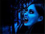 Illustration of 3d rendered vampire girl in dark forest.