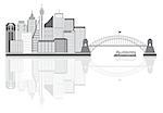 Sydney Australia Skyline Landmarks Harbour Bridge Grayscale with Reflection Isolated on White Background Illustration