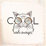 Vector Funny muzzle cat in sunglasses closeup. Cool always. portrait cool cat