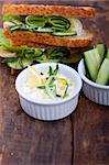 fresh vegetarian sandwich with garlic cheese dip salad on rustic table