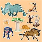 Collection Sets of African Animals and Tree including rhinoceros mandrill baboon gazelle meerkat wildebeest baobab and African trees