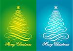 Blue and green Christmas cards with flourish Xmas trees, vector set