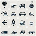 Cute white vector transport icons in retro squares