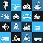 Cute white vector transport icons in blue squares