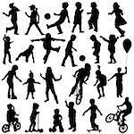 Group of active children, hand drawn sillhouettes of kids playing