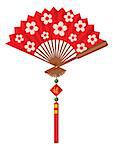 Red Chinese Paper Fan with Cherry Blossom Flower Pattern Tassel Jade Beads and Sign with Good Fortune Text Illustration