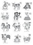 Chinese New Year Twelve Zodiac Horoscope Animals with Chinese Seal Text Grayscale Illustration