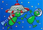 Cartoon Illustration of Two Aliens or Martians Characters in Space with Ufo Ship