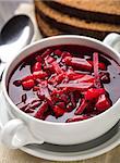 Vegetarian red beetroot soup in a white bowl