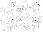 Seven funny cartoon cats over white background, hand drawing vector illustration