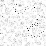 Funny cartoon cats and their accessories, seamless black and white vector pattern