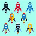 Colorful vector rocket icons collection on mint background