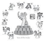 Chinese New Year of the Snake with Twelve Zodiacs with Chinese Text Seal in Circle Grayscale Illustration