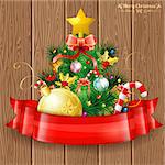 Christmas Tree with Candy, Fir Branches, Mistletoe and Gift in Red Ribbon on Wooden Boards background, vector illustration.