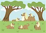 Fluffy dog and her puppies with long flowing hair in a meadow, cute vector illustration of dog family, family idyll
