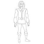 Brave prince from fairy tale or medieval young man, coloring book page, vector illustration for children