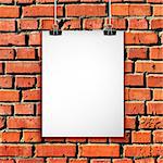 White paper sheet on brick wall. Vector background with blank poster on rope