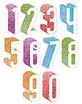 Retro style 3d geometric numbers set with hand drawn lines texture.