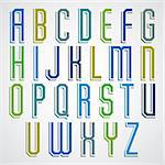 Colorful decorative font, geometric narrow uppercase letters with white outline.