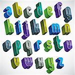 3d colorful letters alphabet, dimensional font in blue and green colors, bright and glossy letters for design and advertising.