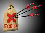 Egoism - Three Arrows Hit in Red Target on a Hanging Sack on Grey Background.