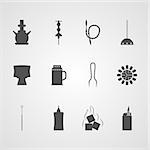 Set of black silhouette vector icons for hookah accessories on gray background.