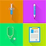 Set of colored flat square vector icons for equipment for doctor.