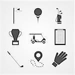 Set of black silhouette vector icons for golf on gray background.